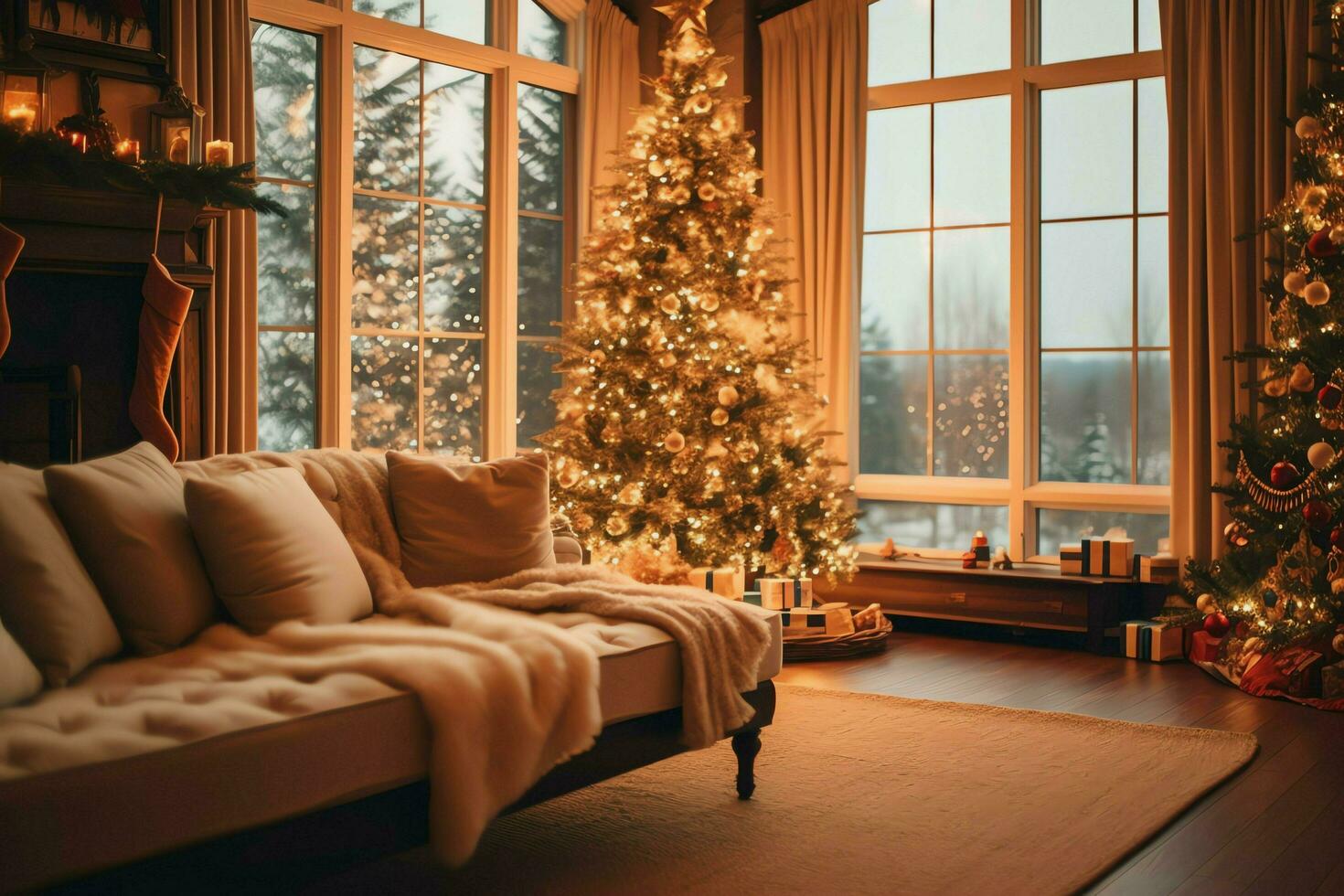 Cosy living room with beautiful christmas tree and red gifts in modern interior. Interior of living room decorated for merry christmas with socks, gift boxes and christmas accessories by AI Generated photo
