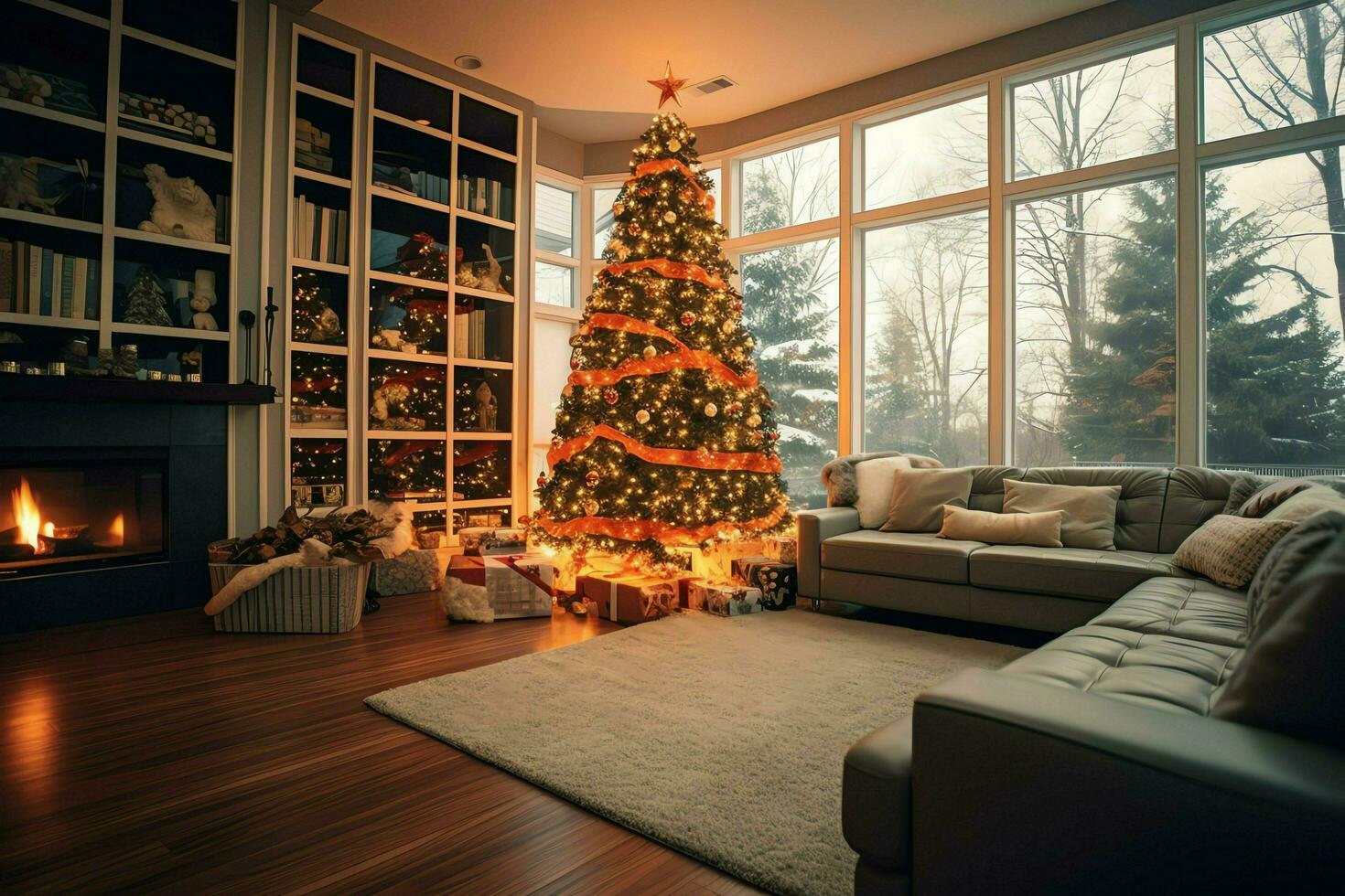 Cosy living room with beautiful christmas tree and red gifts in modern interior. Interior of living room decorated for merry christmas with socks, gift boxes and christmas accessories by AI Generated photo