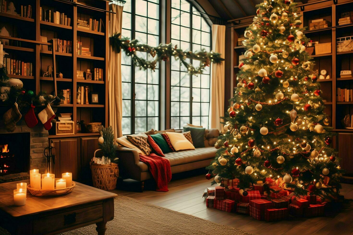 Cosy living room with beautiful christmas tree and red gifts in modern interior. Interior of living room decorated for merry christmas with socks, gift boxes and christmas accessories by AI Generated photo