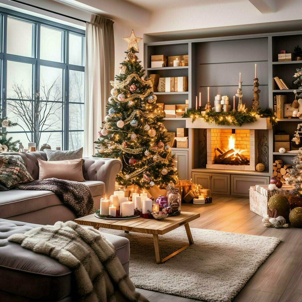 Cosy living room with beautiful christmas tree and red gifts in modern interior. Interior of living room decorated for merry christmas with socks, gift boxes and christmas accessories by AI Generated photo