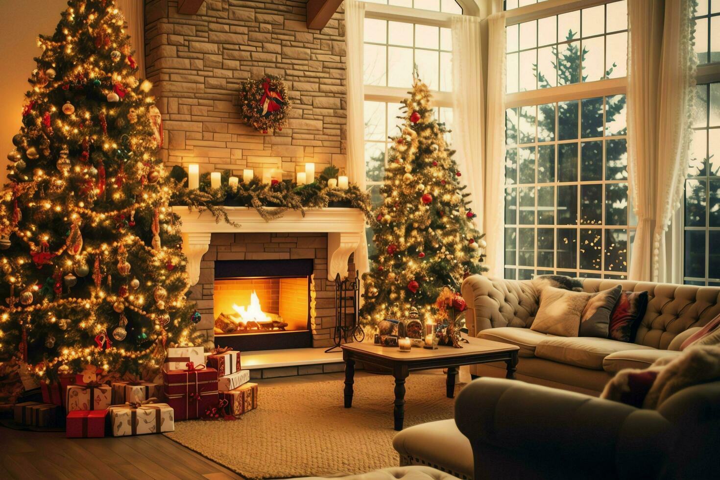 Cosy living room with beautiful christmas tree and red gifts in modern interior. Interior of living room decorated for merry christmas with socks, gift boxes and christmas accessories by AI Generated photo