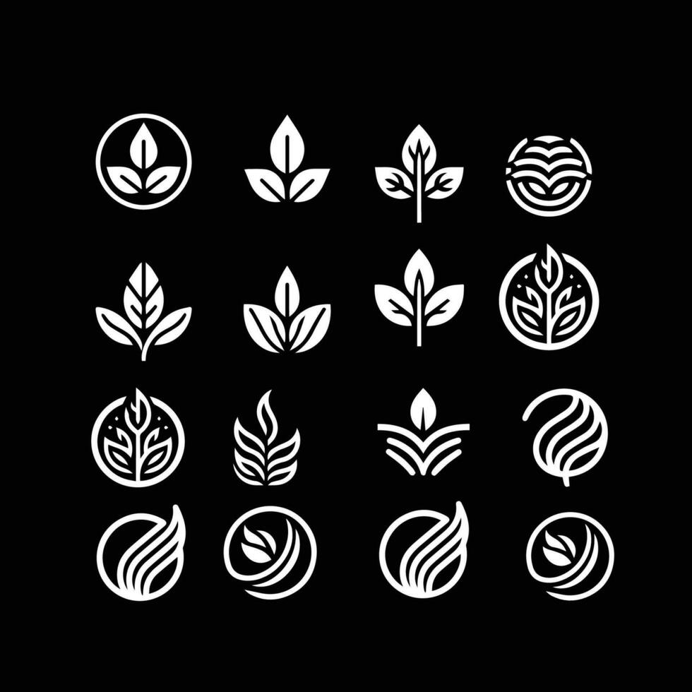 Leaves logo vector set isolated on Black background. Various shapes of green leaves of trees and plants. Elements for eco and bio logos.