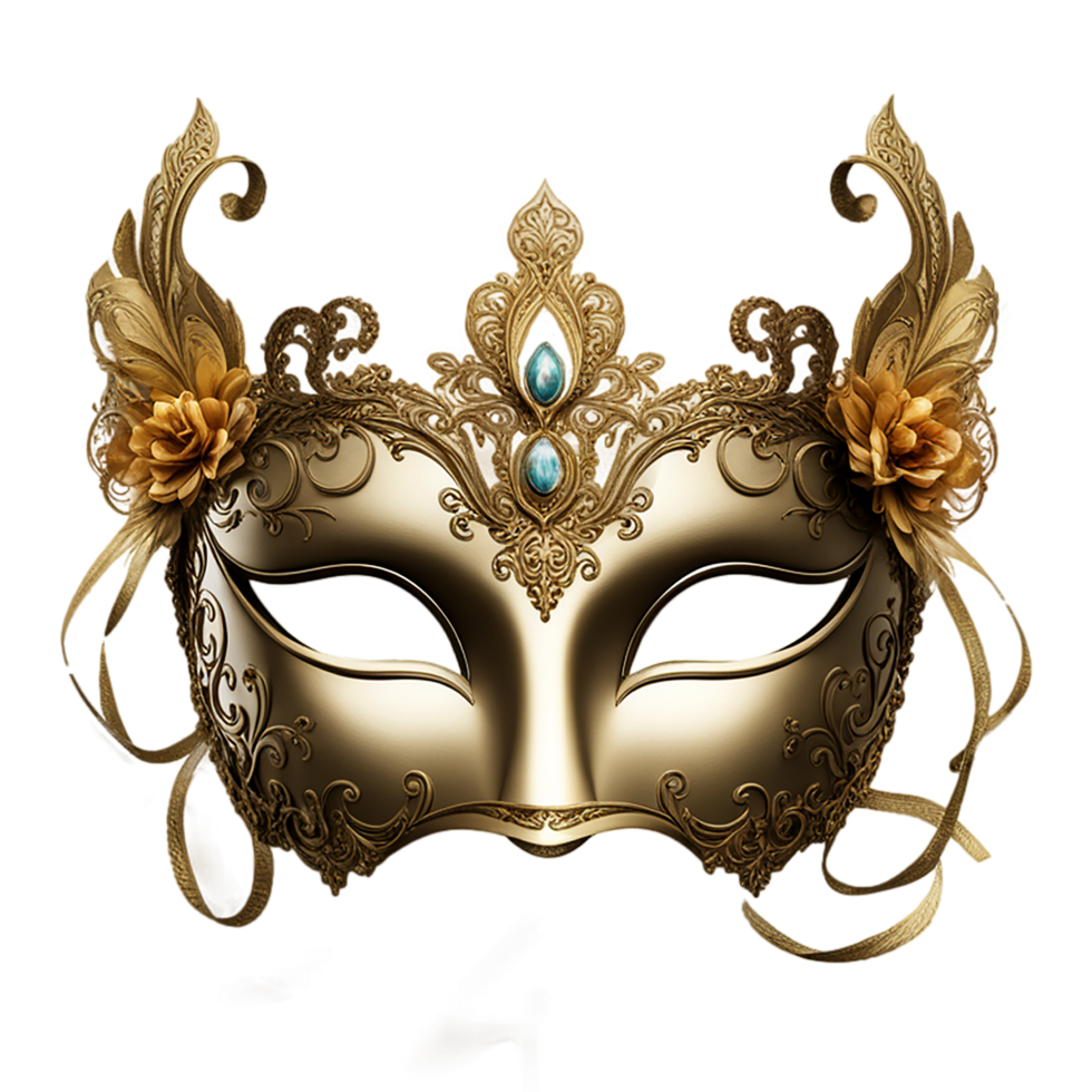 AI generated Venetian carnival mask, a golden masquerade mask with gold decorations, an opera mask PNG file