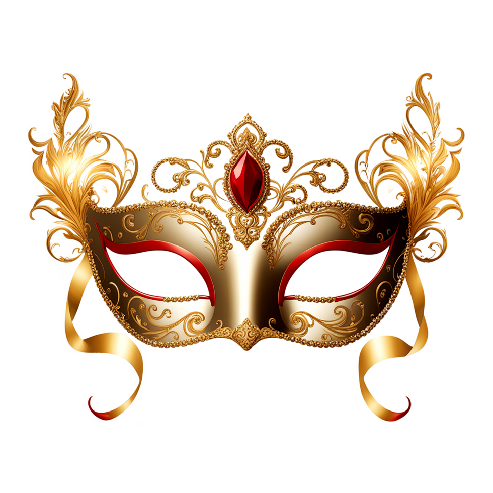 AI generated A gold and red carnival mask on a transparent background, a Venetian carnival mask, opera mask PNG file