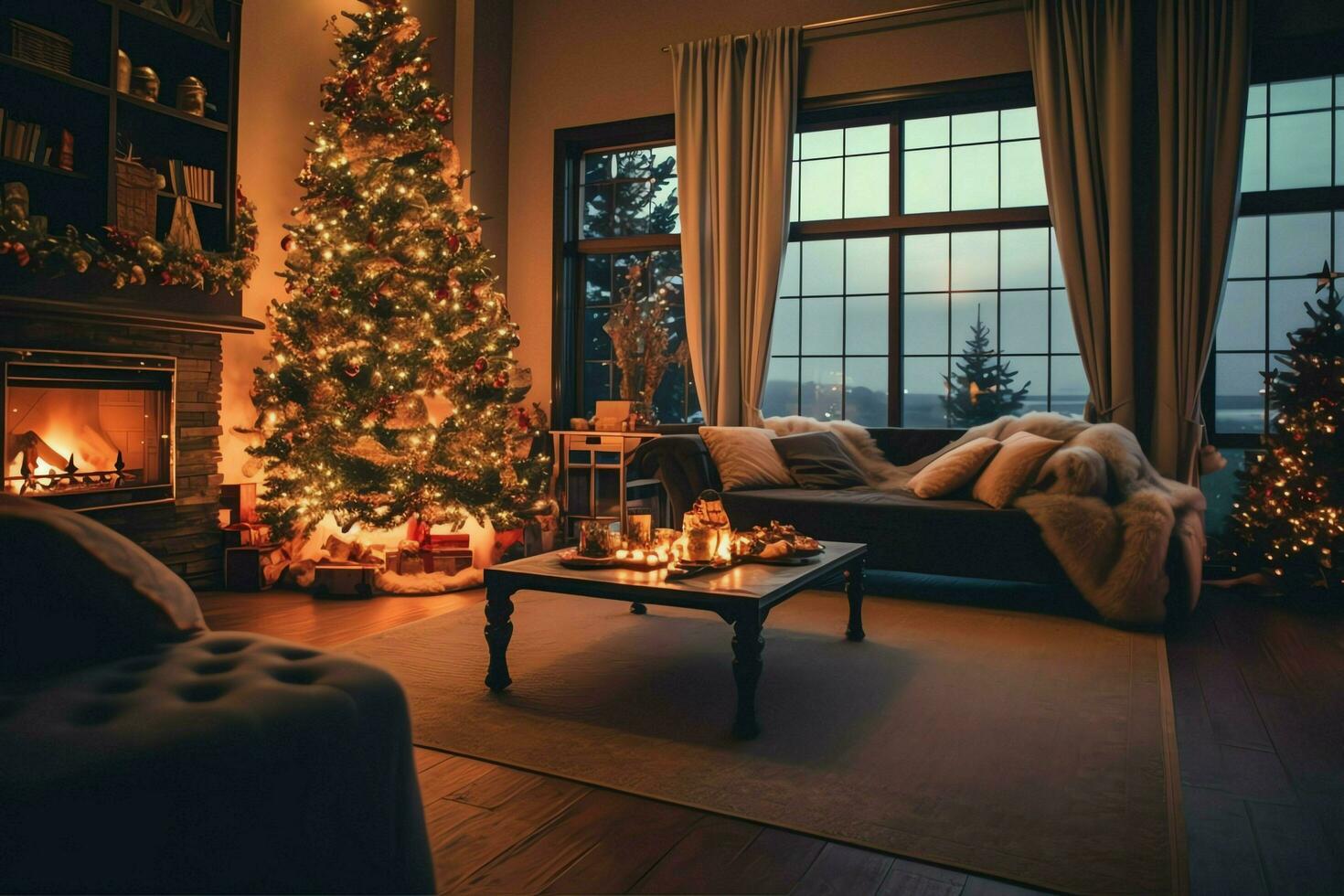 Cosy living room with beautiful christmas tree and red gifts in modern interior. Interior of living room decorated for merry christmas with socks, gift boxes and christmas accessories by AI Generated photo