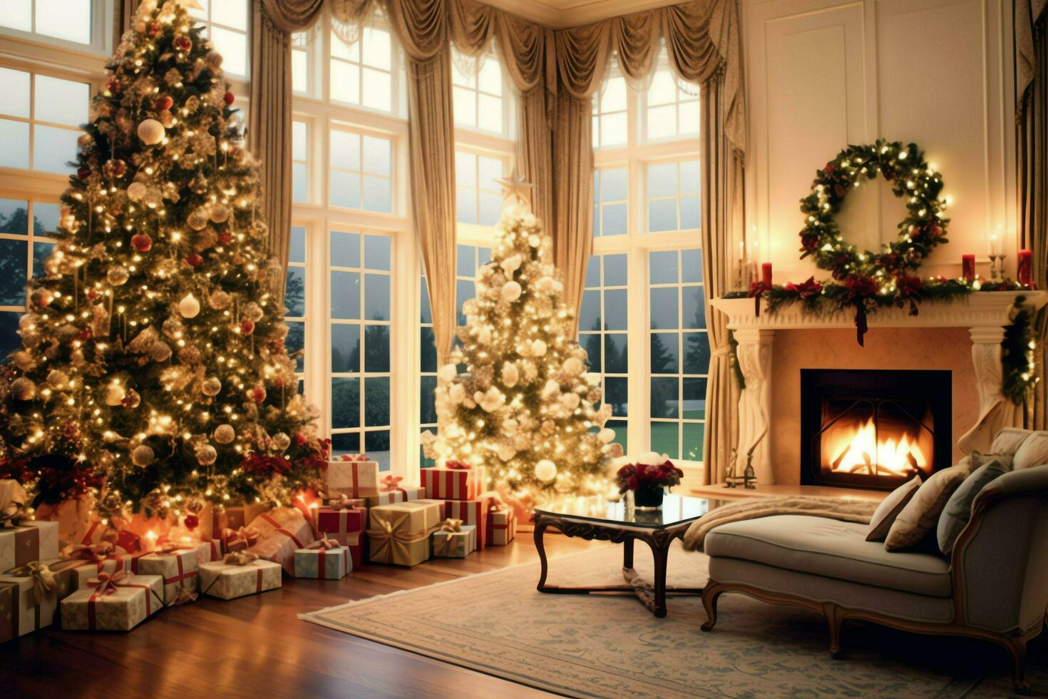 Cosy living room with beautiful christmas tree and red gifts in modern interior. Interior of living room decorated for merry christmas with socks, gift boxes and christmas accessories by AI Generated photo