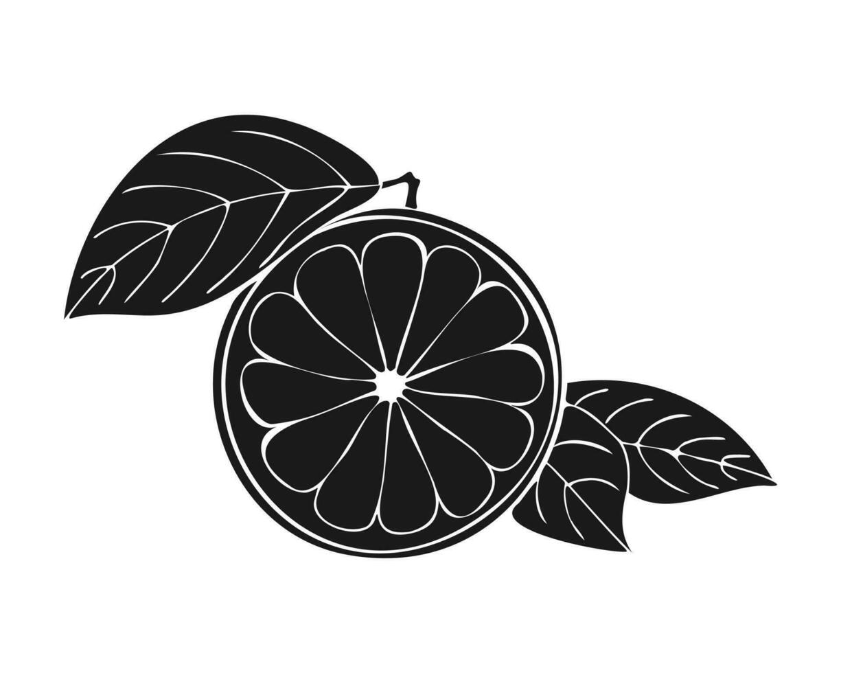 Citrus fruit silhouette dark color, lemon orange grapefruit with leaf, isolated, white background. vector