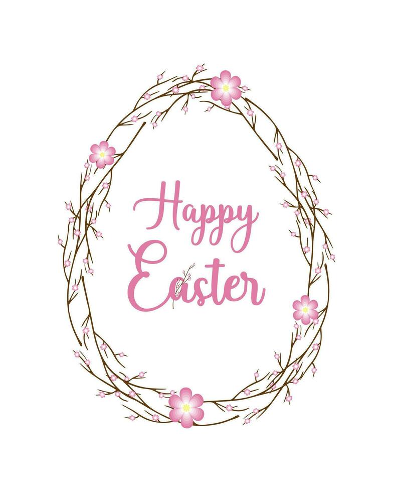 Happy Easter egg from twigs with flowers and an inscription, brush vector