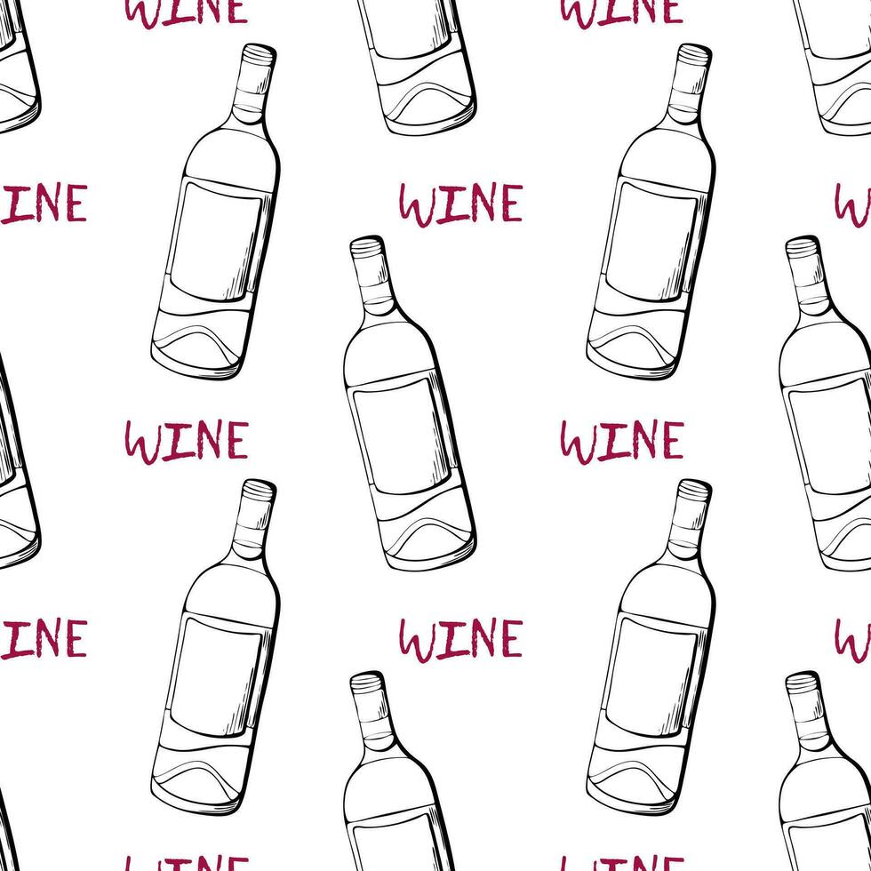 Contour of wine bottle drawn hand on white background with red inscription. vector