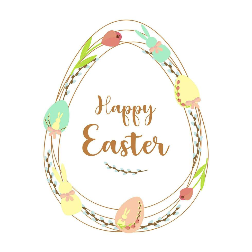 Happy Easter lettering, spring card, eggs rabbit pussy willow twigs nest vector