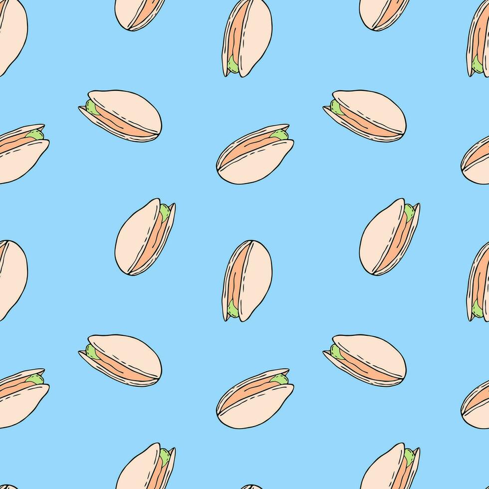 Pattern with doodle pistachios, handmade drawing, on blue background. vector
