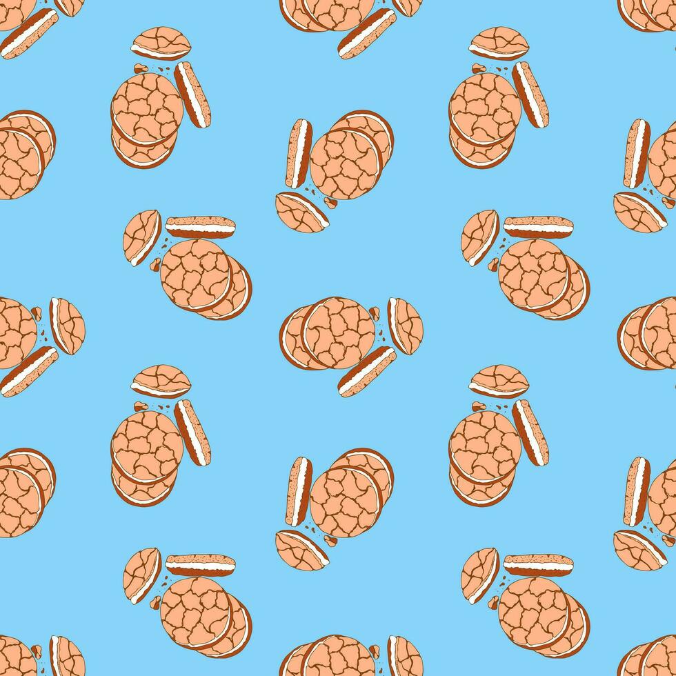 Pattern with hand drawn cookies, color trend 2024 Peach fuzz on blue background, doodles. National Cookie Day. vector