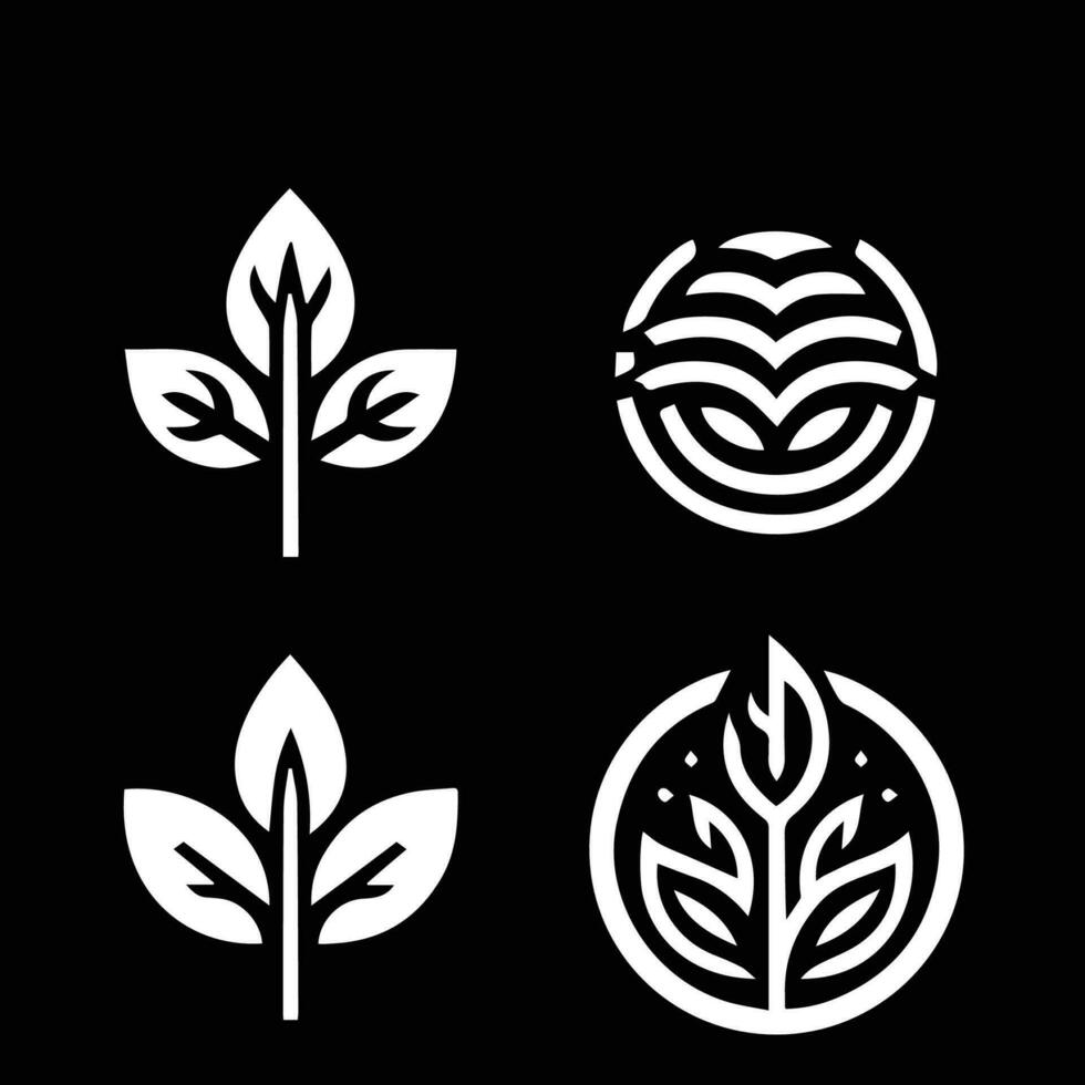 Leaves logo vector set isolated on Black background. Various shapes of green leaves of trees and plants. Elements for eco and bio logos.