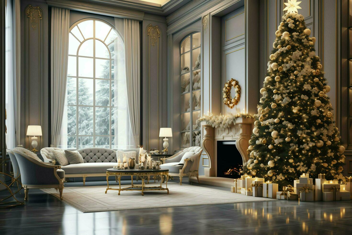 Cosy living room with beautiful christmas tree and red gifts in modern interior. Interior of living room decorated for merry christmas with socks, gift boxes and christmas accessories by AI Generated photo