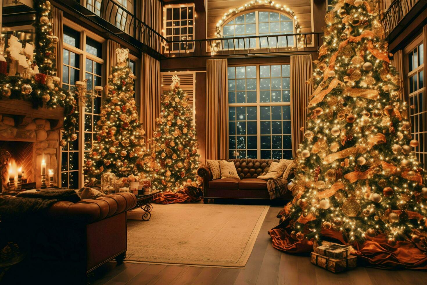 Cosy living room with beautiful christmas tree and red gifts in modern interior. Interior of living room decorated for merry christmas with socks, gift boxes and christmas accessories by AI Generated photo