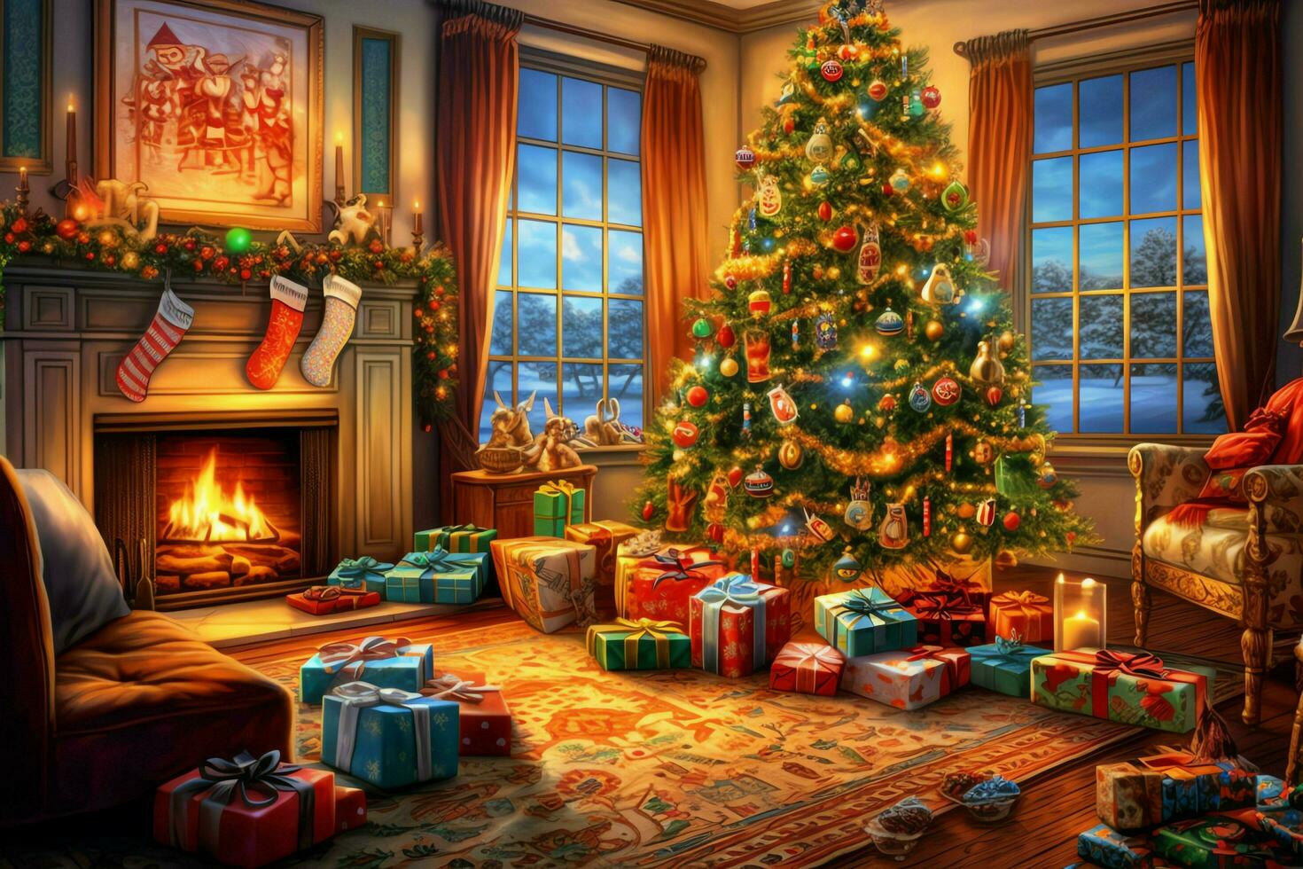 Cosy living room with beautiful christmas tree and red gifts in modern interior. Interior of living room decorated for merry christmas with socks, gift boxes and christmas accessories by AI Generated photo