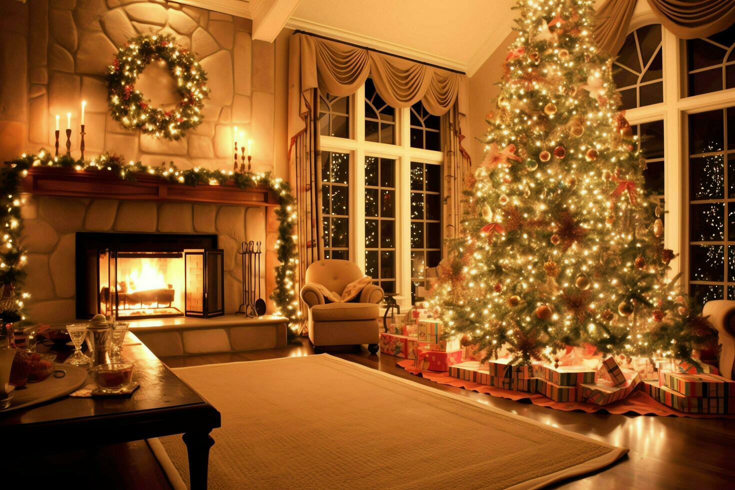 Cosy living room with beautiful christmas tree and red gifts in modern interior. Interior of living room decorated for merry christmas with socks, gift boxes and christmas accessories by AI Generated photo