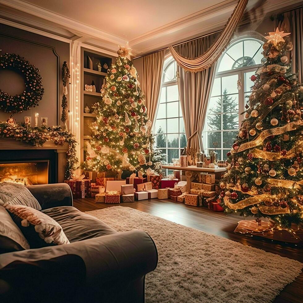 Cosy living room with beautiful christmas tree and red gifts in modern interior. Interior of living room decorated for merry christmas with socks, gift boxes and christmas accessories by AI Generated photo