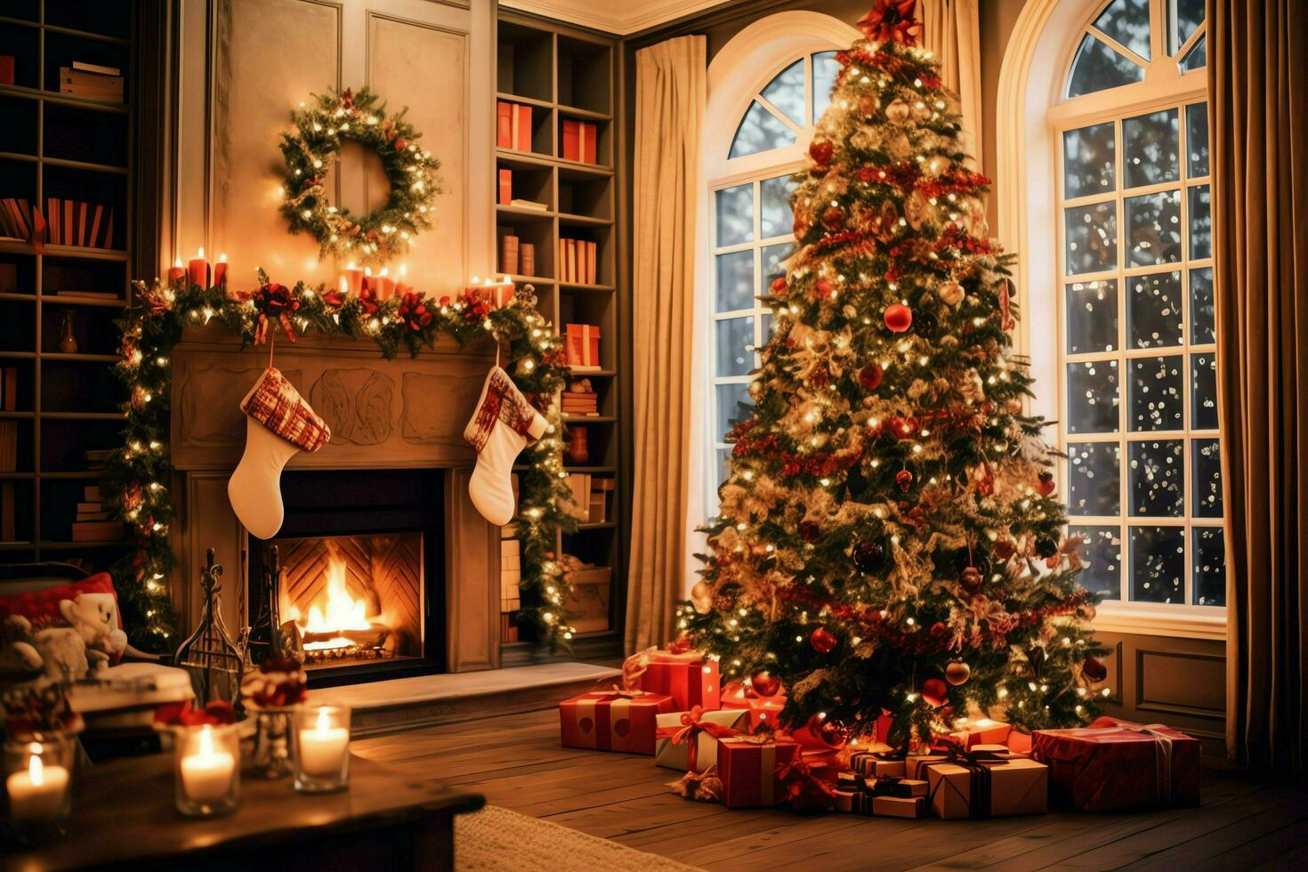 Cosy living room with beautiful christmas tree and red gifts in modern interior. Interior of living room decorated for merry christmas with socks, gift boxes and christmas accessories by AI Generated photo