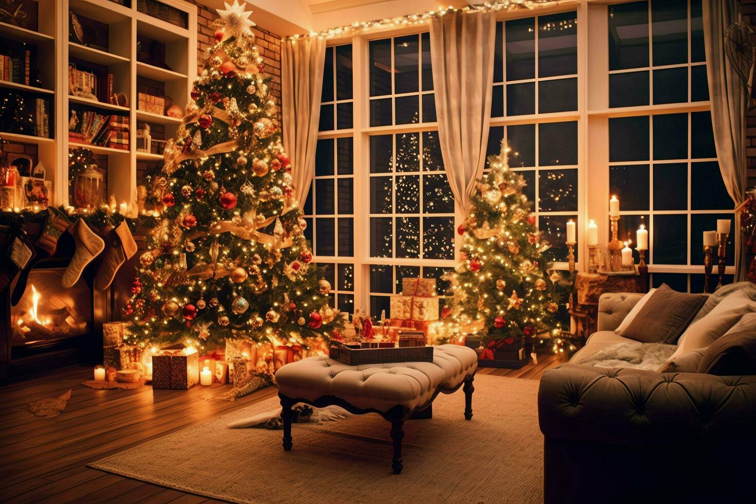 Cosy living room with beautiful christmas tree and red gifts in modern interior. Interior of living room decorated for merry christmas with socks, gift boxes and christmas accessories by AI Generated photo