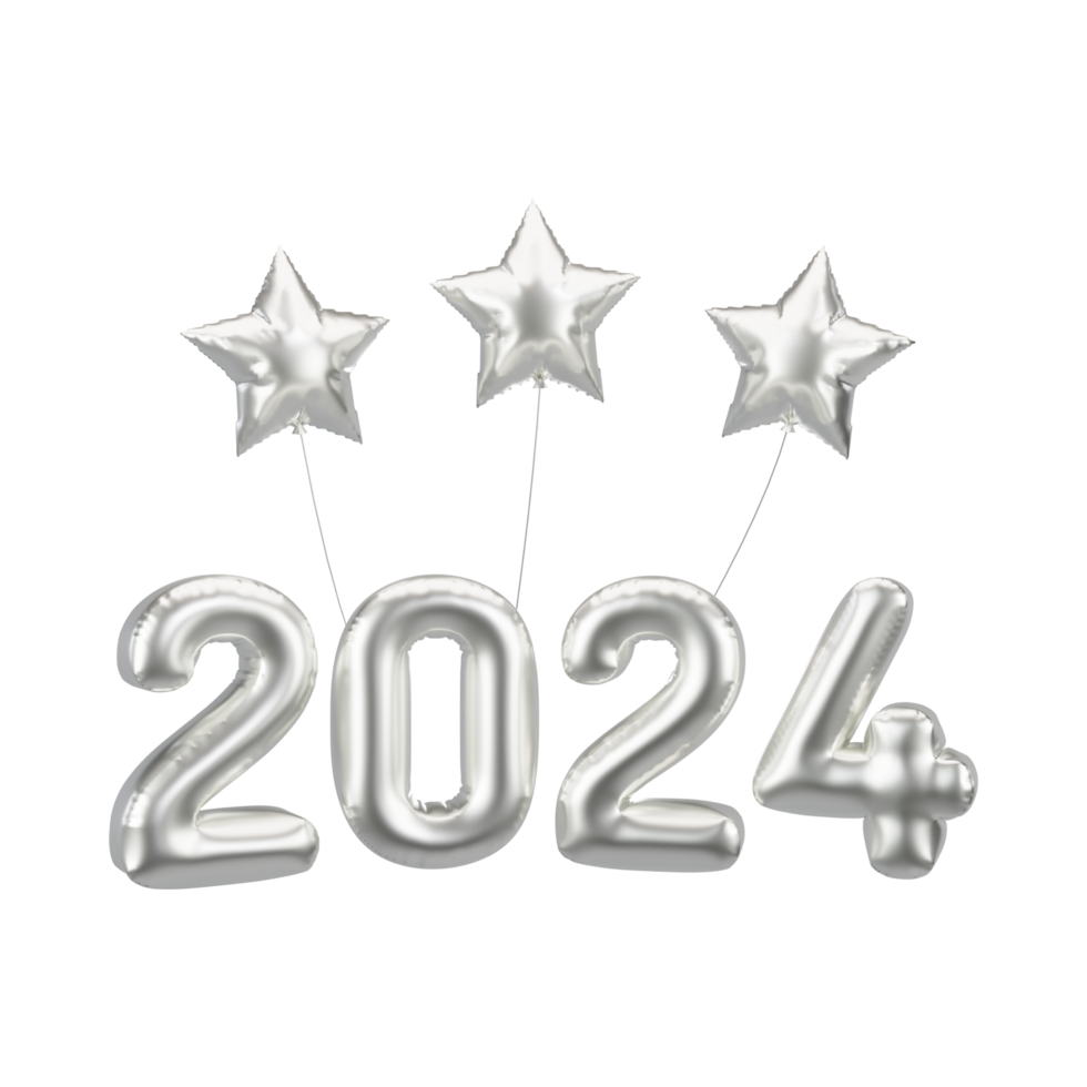 Happy New Year 2024 metallic Silver foil balloons and stars on
