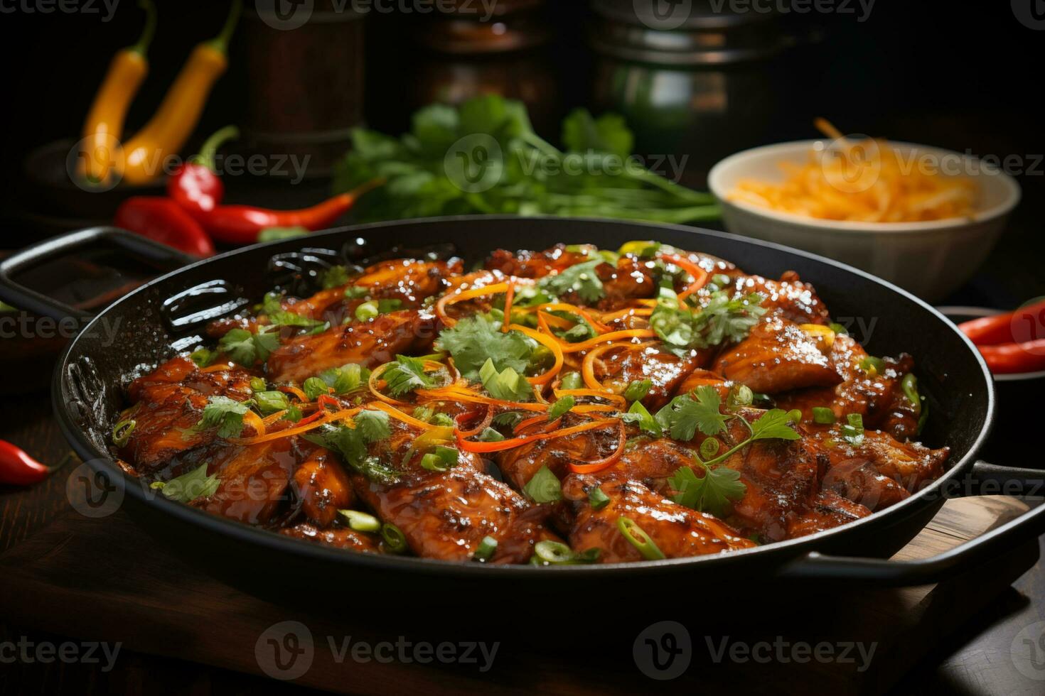 AI generated Baked chicken wings with vegetables in a cast iron frying pan photo