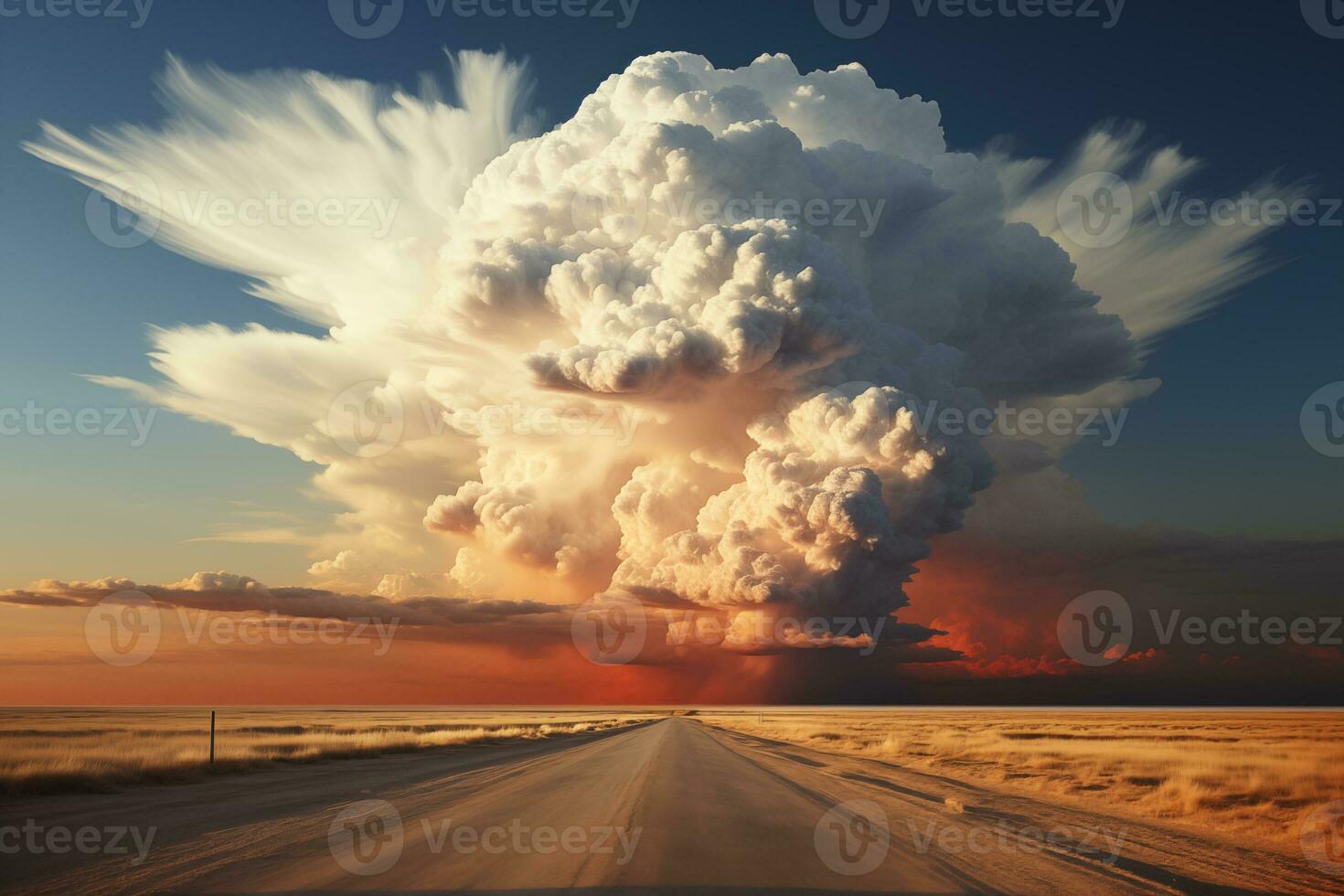 AI generated landscape with dramatic sky and huge cumulonimbus thundercloud on the horizon, nature background photo