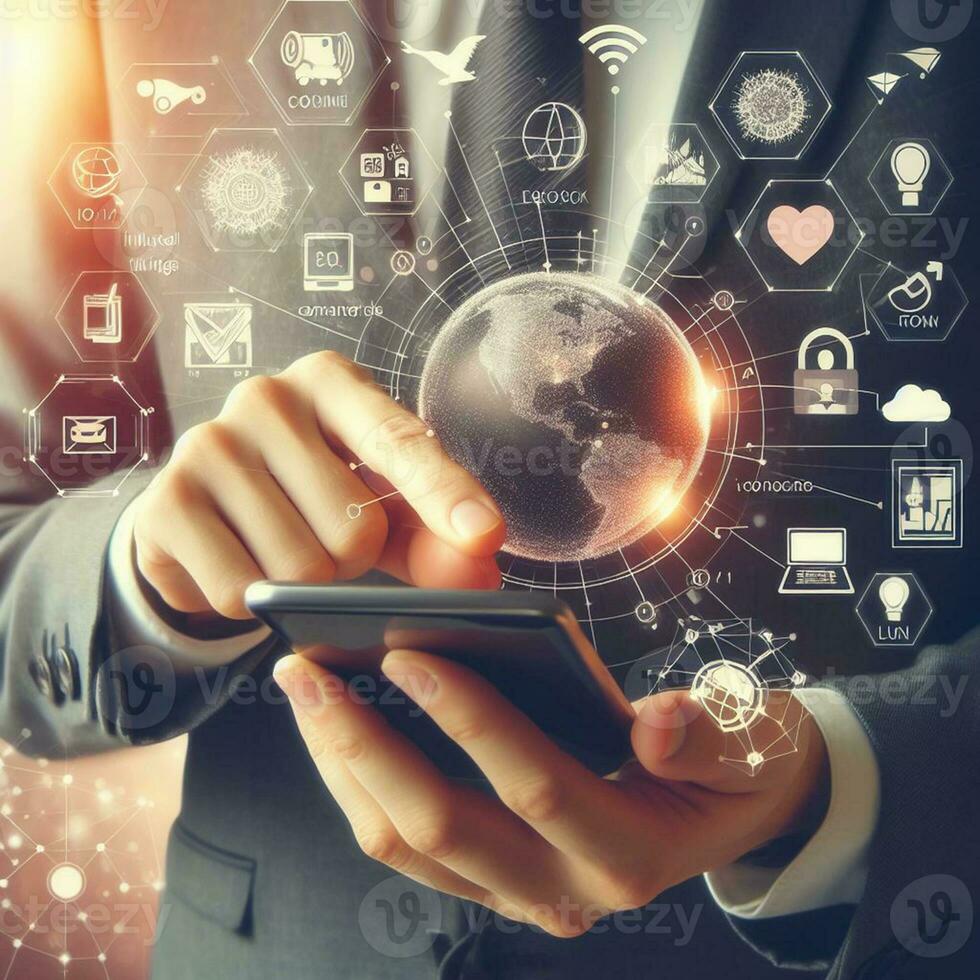 AI generated Business man using smartphone to touch virtual screen with social media icons photo