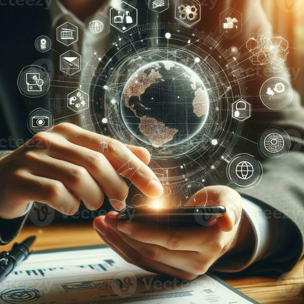AI generated Business man using smartphone to touch virtual screen with social media icons photo