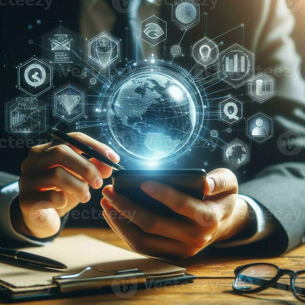 AI generated Business man using smartphone to touch virtual screen with social media icons photo