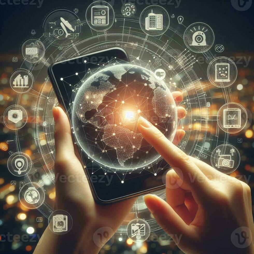 AI generated Business man using smartphone to touch virtual screen with social media icons photo
