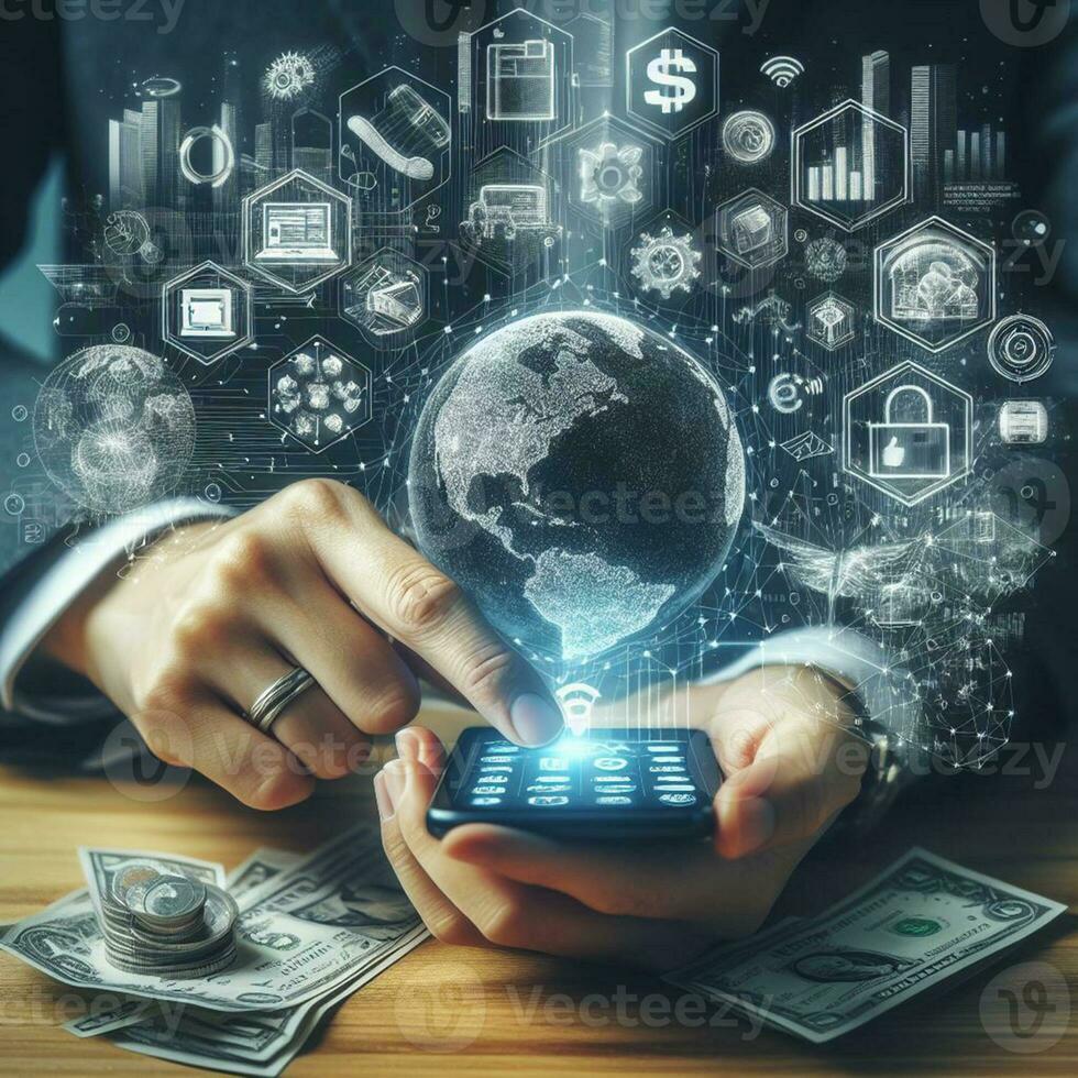 AI generated Business man using smartphone to touch virtual screen with social media icons photo