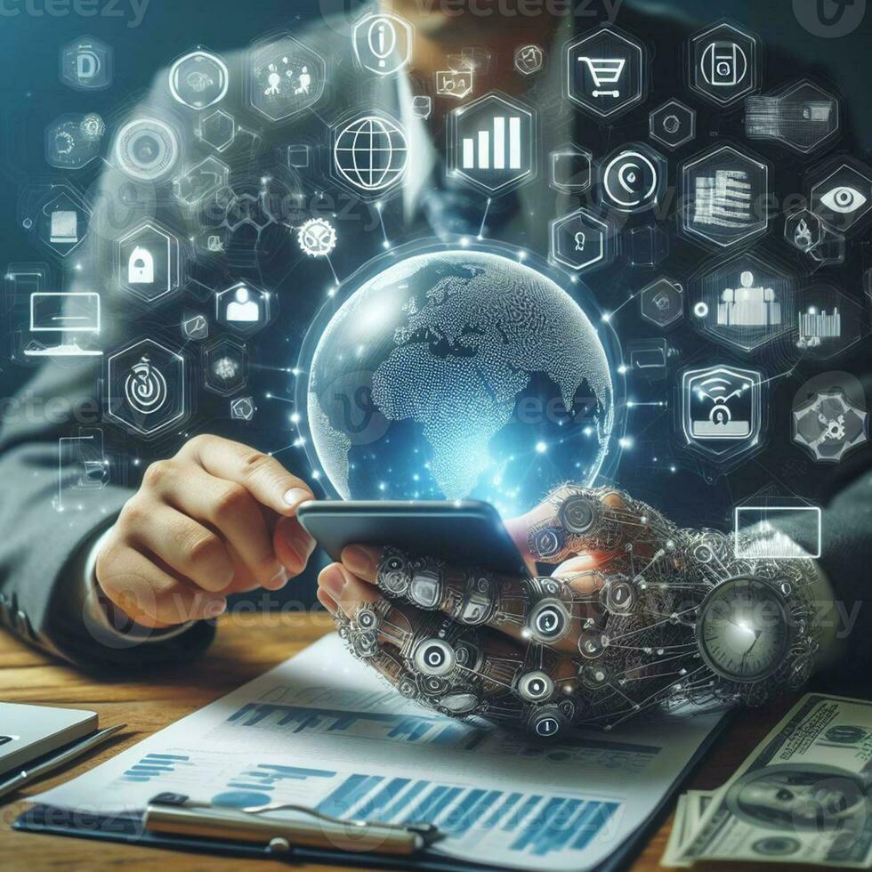 AI generated Business man using smartphone to touch virtual screen with social media icons photo