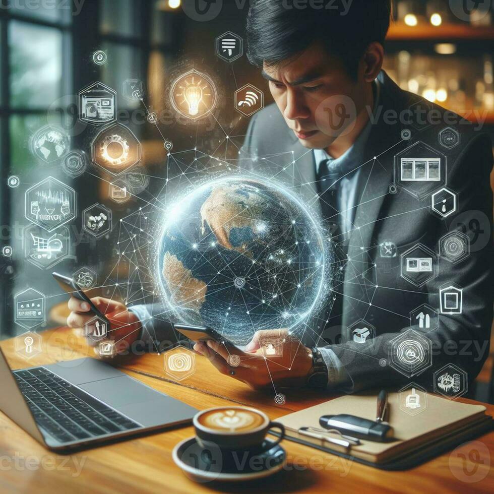 AI generated Business man using smartphone to touch virtual screen with social media icons photo