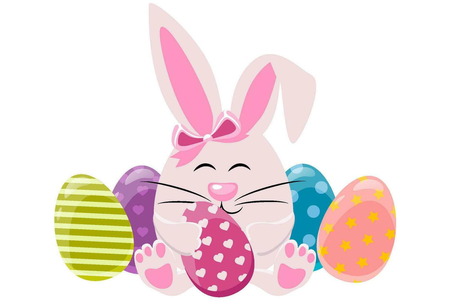 Easter Rabbit with eggs. Vector Illustration Of Cute Little Bunny Holding Easter Eggs.