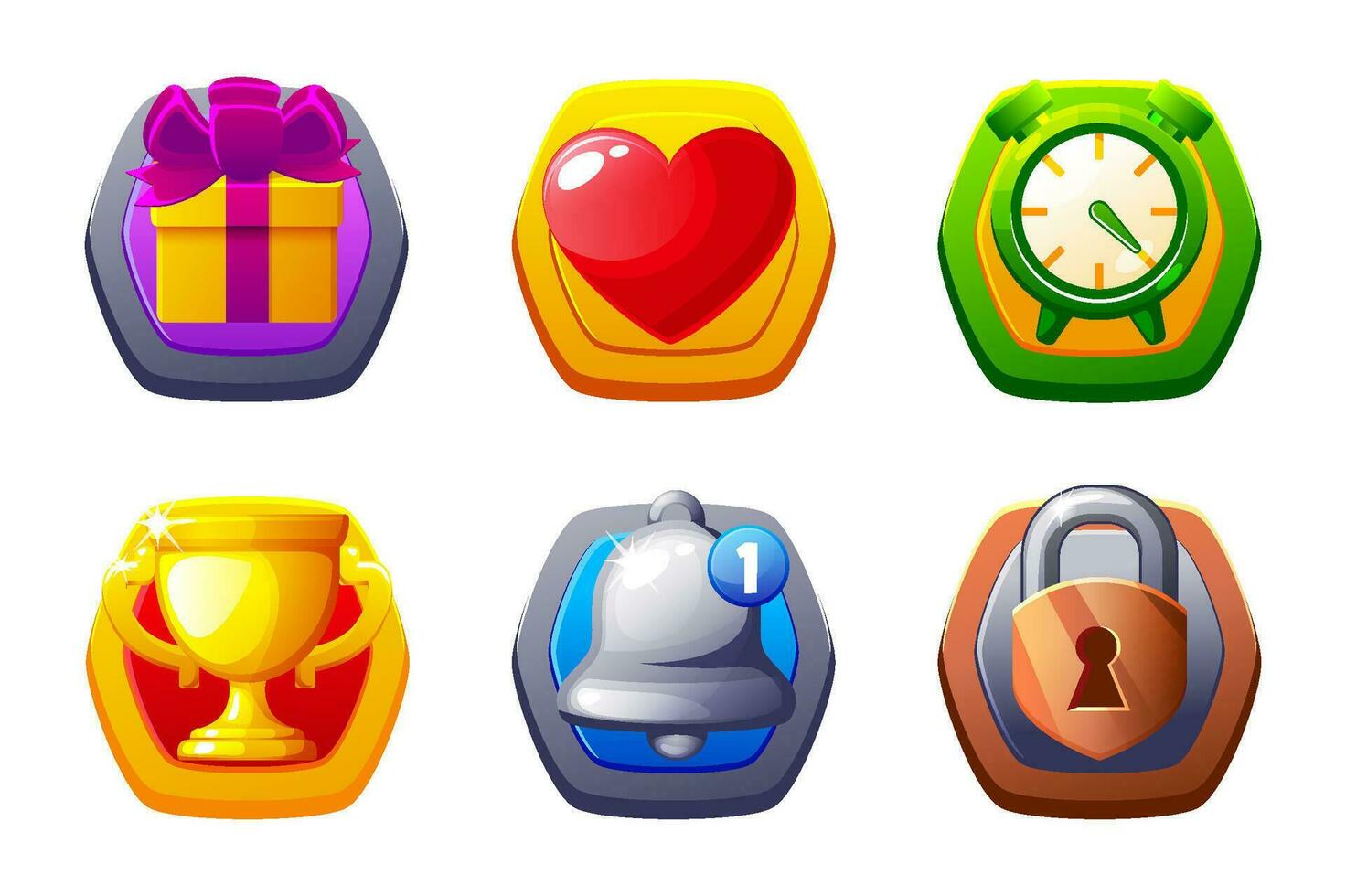 UI icon set. Time, heart, castle gift bonus and message vector