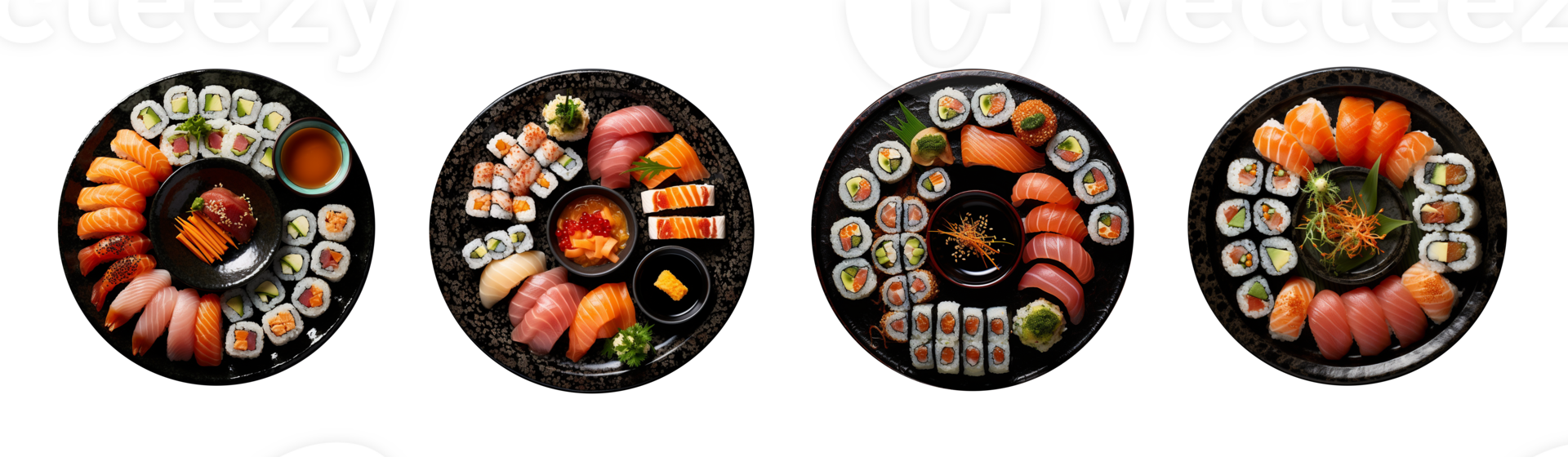 AI generated Sushi on black plate, top view with transparent background png