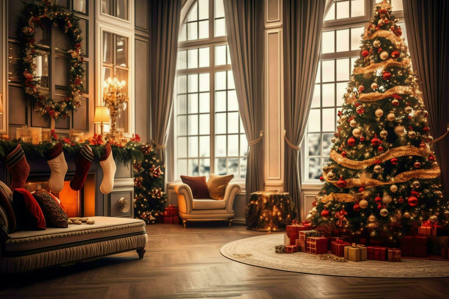 Cosy living room with beautiful christmas tree and red gifts in modern interior. Interior of living room decorated for merry christmas with socks, gift boxes and christmas accessories by AI Generated photo