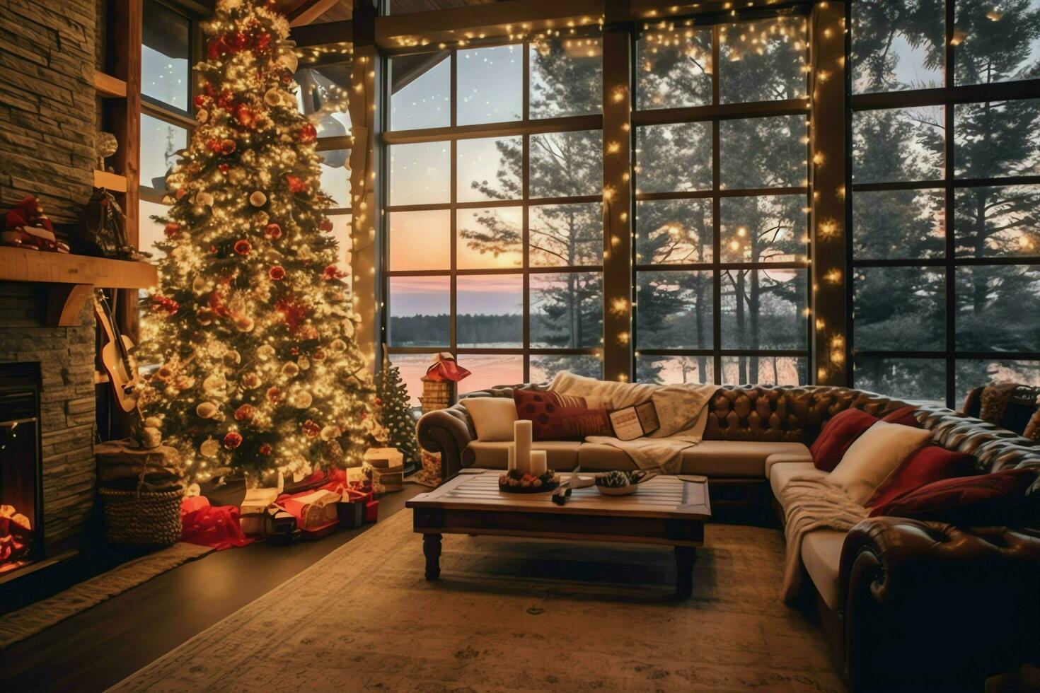 Cosy living room with beautiful christmas tree and red gifts in modern interior. Interior of living room decorated for merry christmas with socks, gift boxes and christmas accessories by AI Generated photo