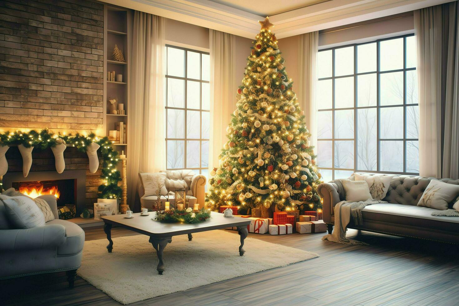 Cosy living room with beautiful christmas tree and red gifts in modern interior. Interior of living room decorated for merry christmas with socks, gift boxes and christmas accessories by AI Generated photo