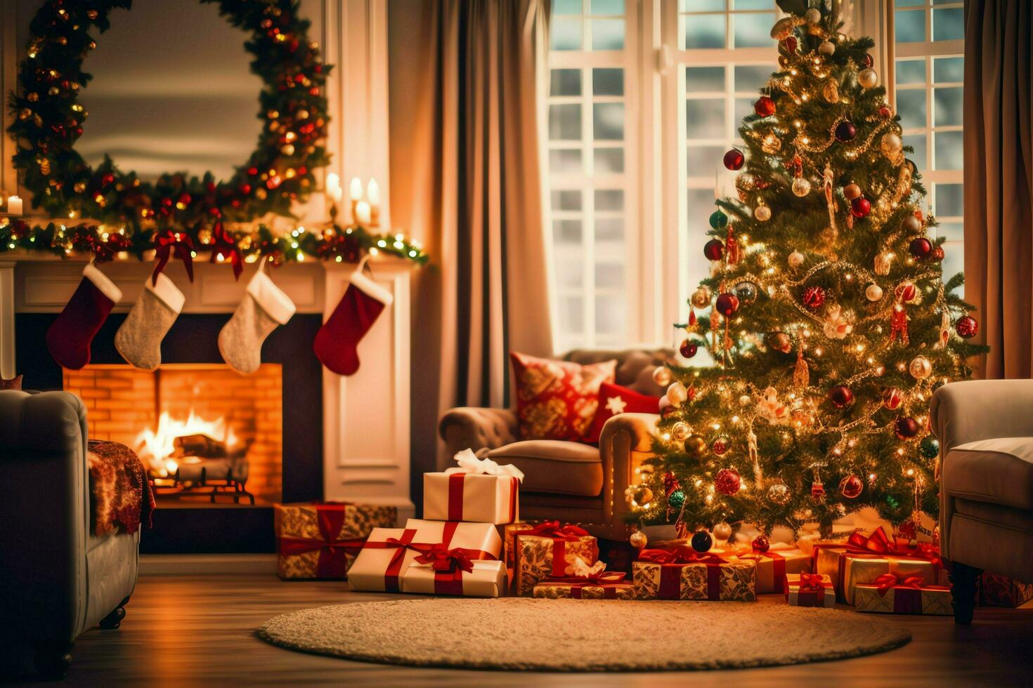 Cosy living room with beautiful christmas tree and red gifts in modern interior. Interior of living room decorated for merry christmas with socks, gift boxes and christmas accessories by AI Generated photo