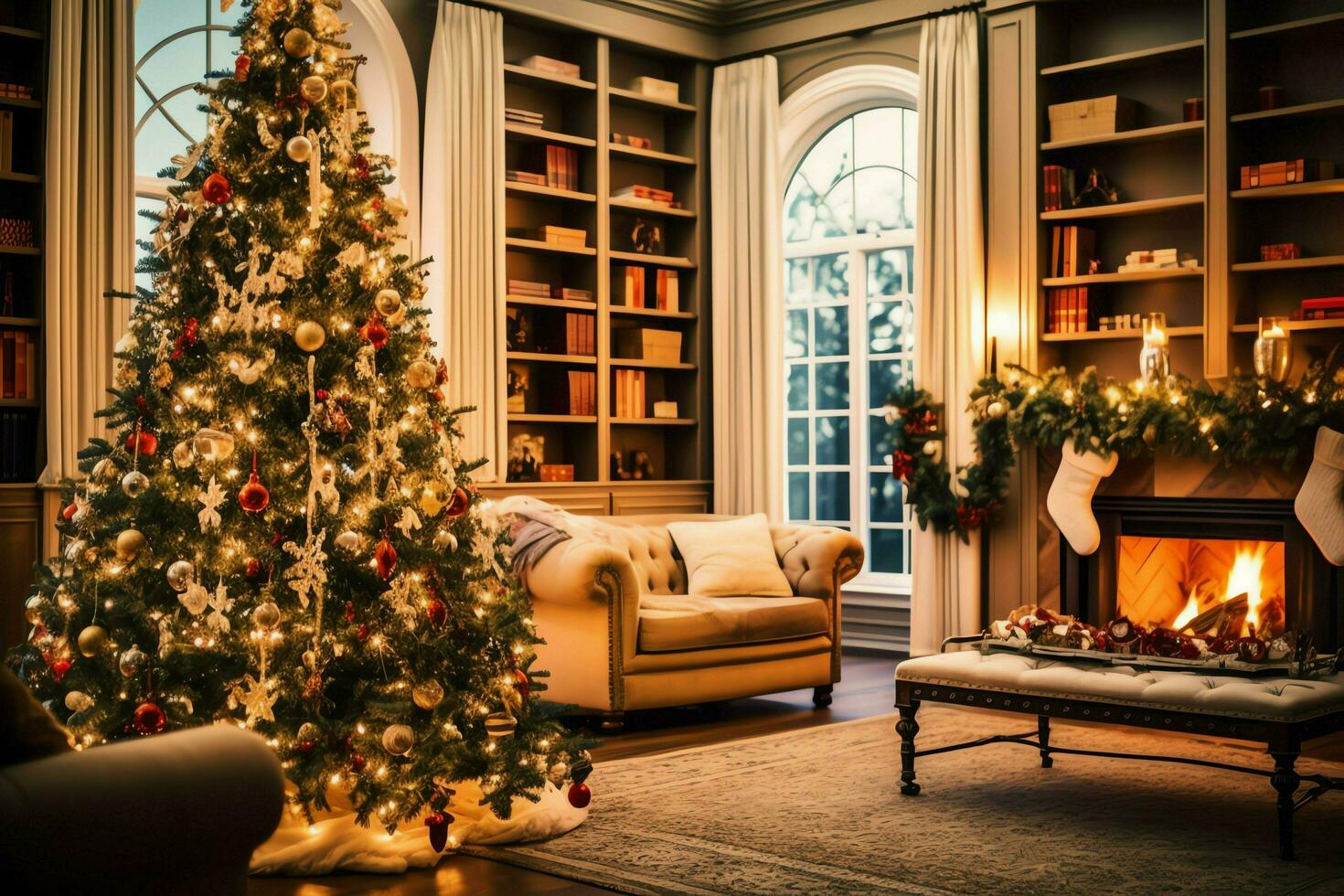 Cosy living room with beautiful christmas tree and red gifts in modern interior. Interior of living room decorated for merry christmas with socks, gift boxes and christmas accessories by AI Generated photo