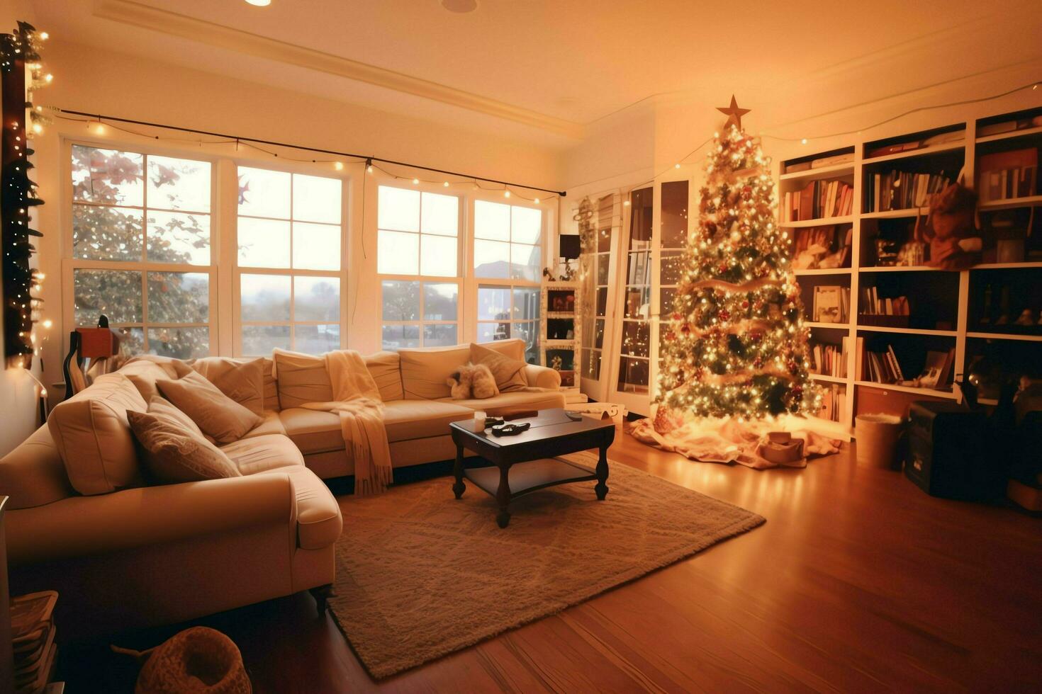 Cosy living room with beautiful christmas tree and red gifts in modern interior. Interior of living room decorated for merry christmas with socks, gift boxes and christmas accessories by AI Generated photo