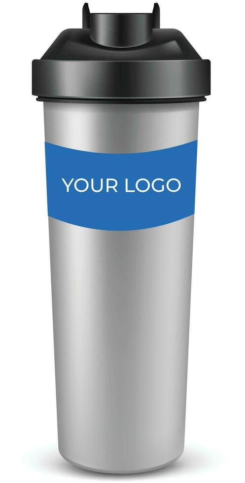Vector realistic 3d black, white and silver empty glossy metal water bottle with black bung icon set closeup on transparency grid background.