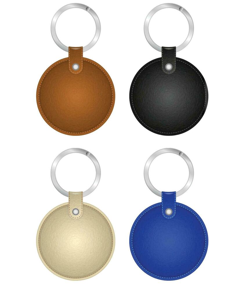 Realistic Metal and Plastic Keychains Set Round Designs Web Element. Vector illustration