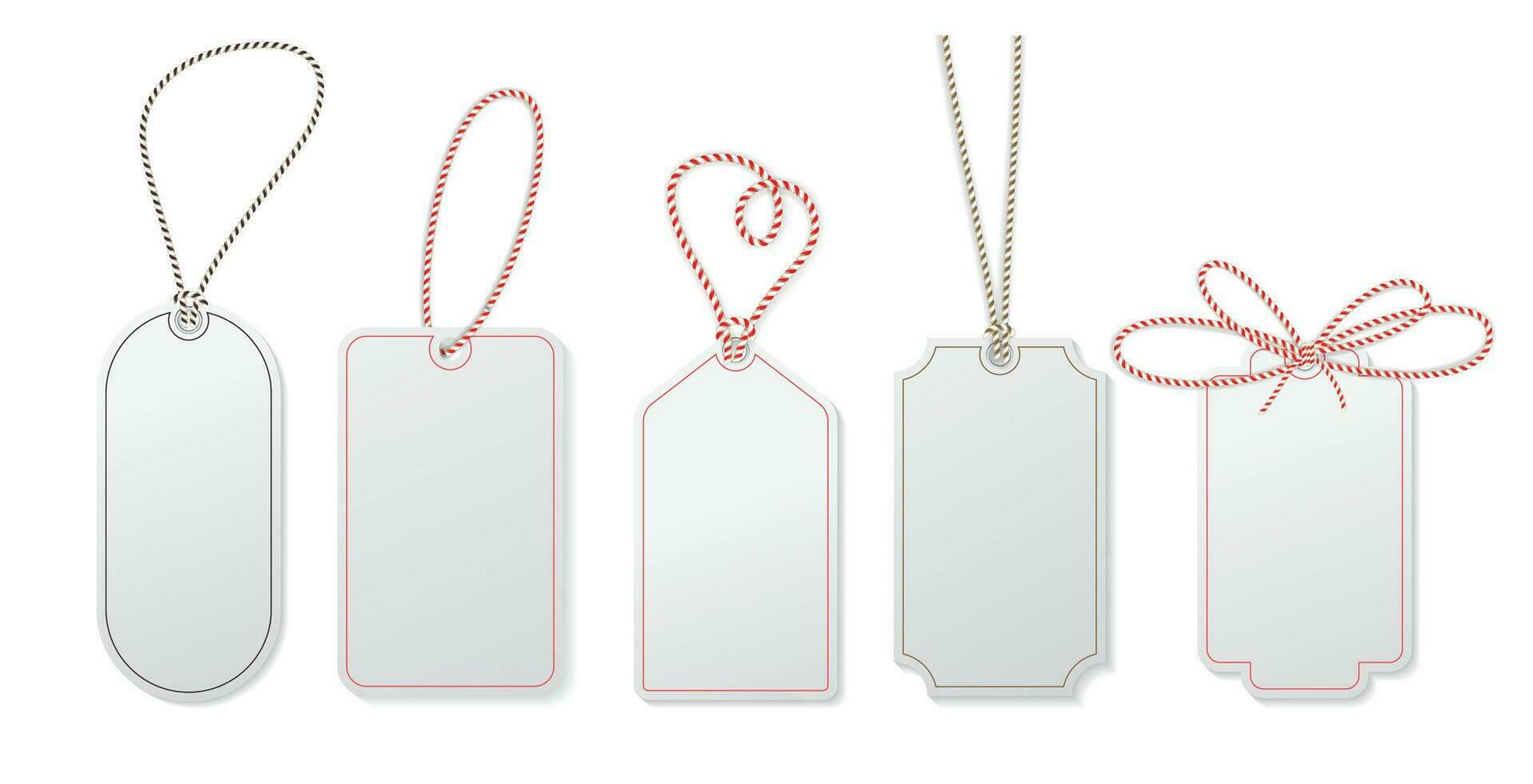 Blank paper price tags, gift tags, sale shopping labels with rope. vector