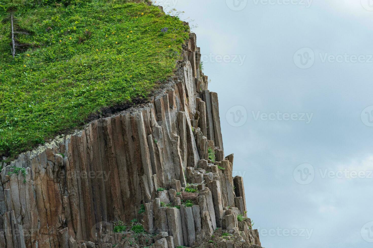 fragment of a cliff formed by columnar basalt with lush grass on top against the sky photo