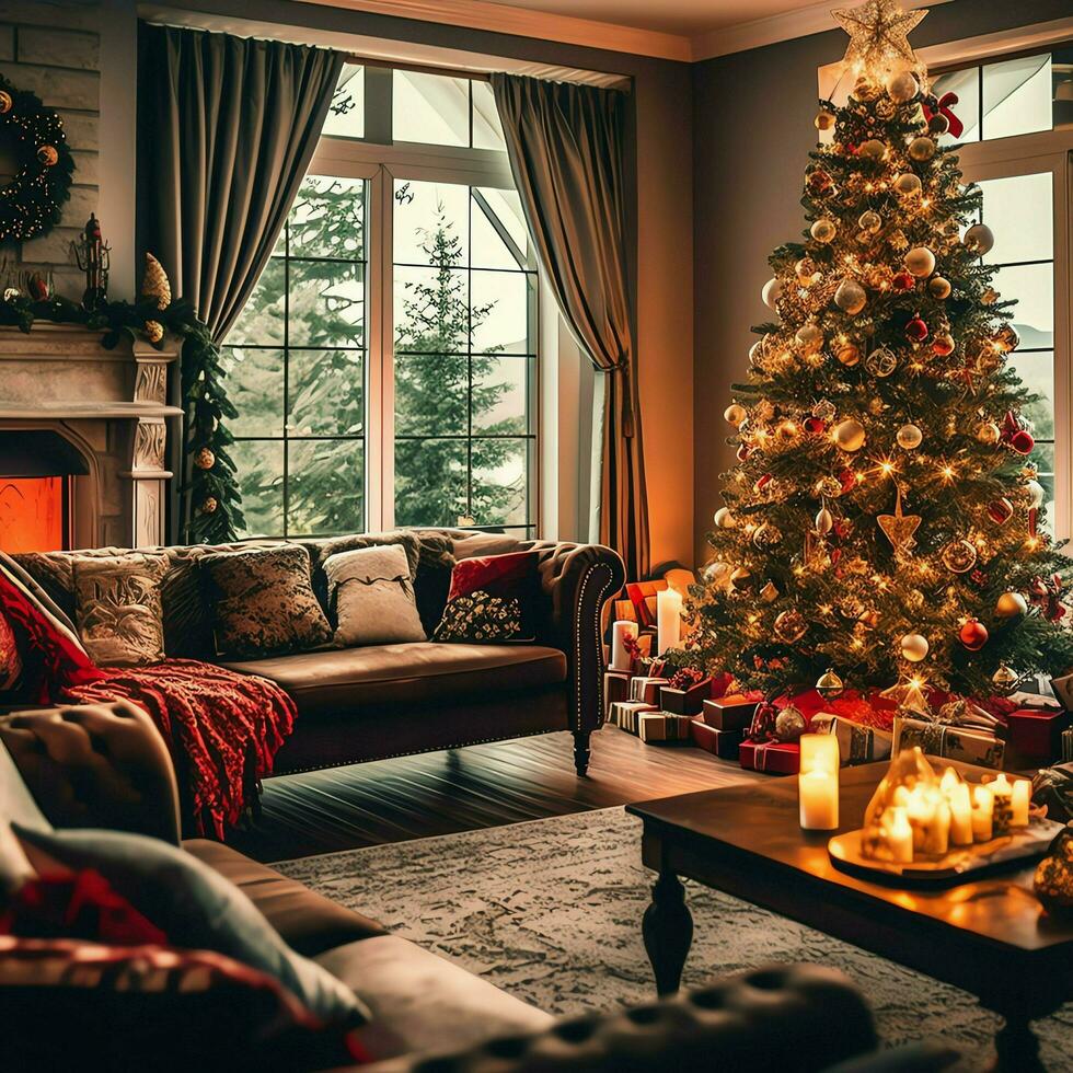 Cosy living room with beautiful christmas tree and red gifts in modern interior. Interior of living room decorated for merry christmas with socks, gift boxes and christmas accessories by AI Generated photo