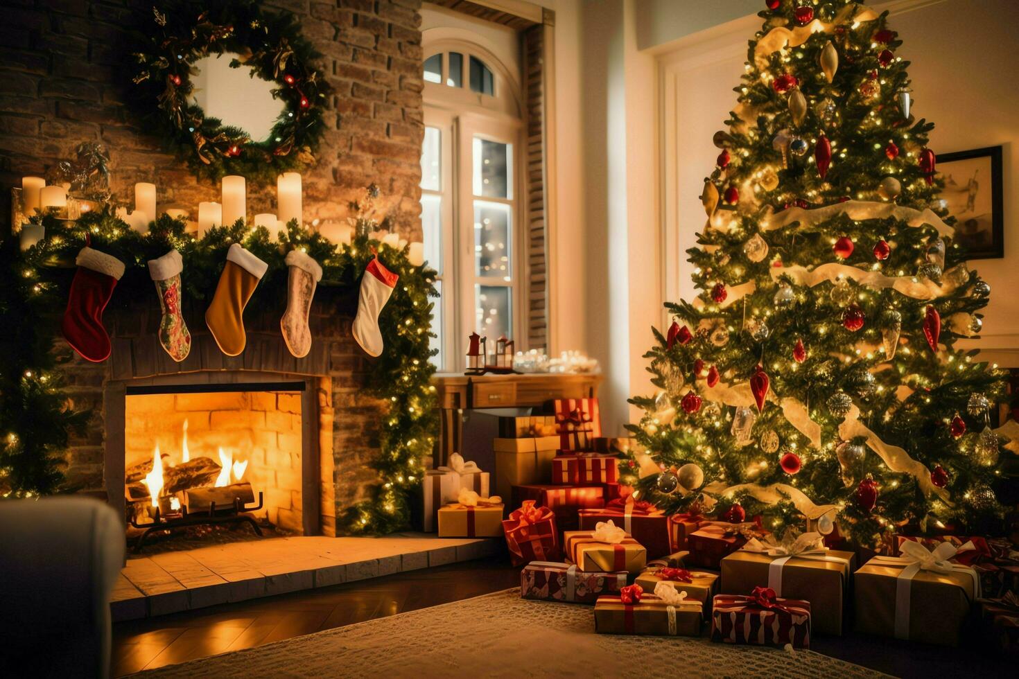 Cosy living room with beautiful christmas tree and red gifts in modern interior. Interior of living room decorated for merry christmas with socks, gift boxes and christmas accessories by AI Generated photo