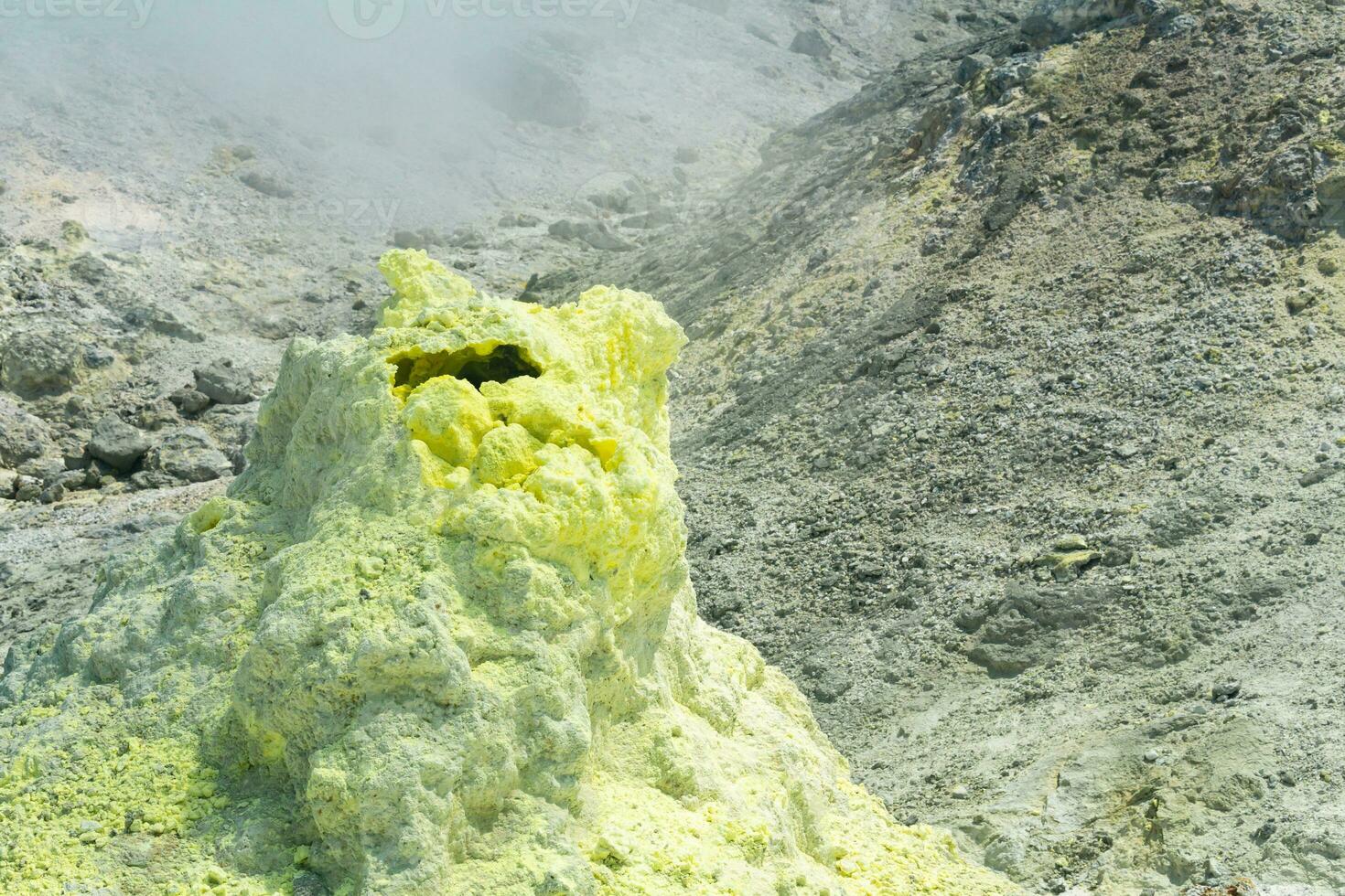 sulfur deposits around a solfatara in a fumarole field on the slope of a volcano photo